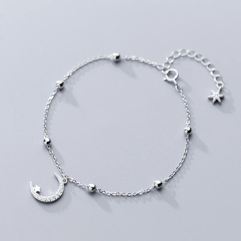 

Authentic 925 Sterling Silver Moon& Star Crystal Charm Women Bracelets Link Chain Beads Bracelet 2019