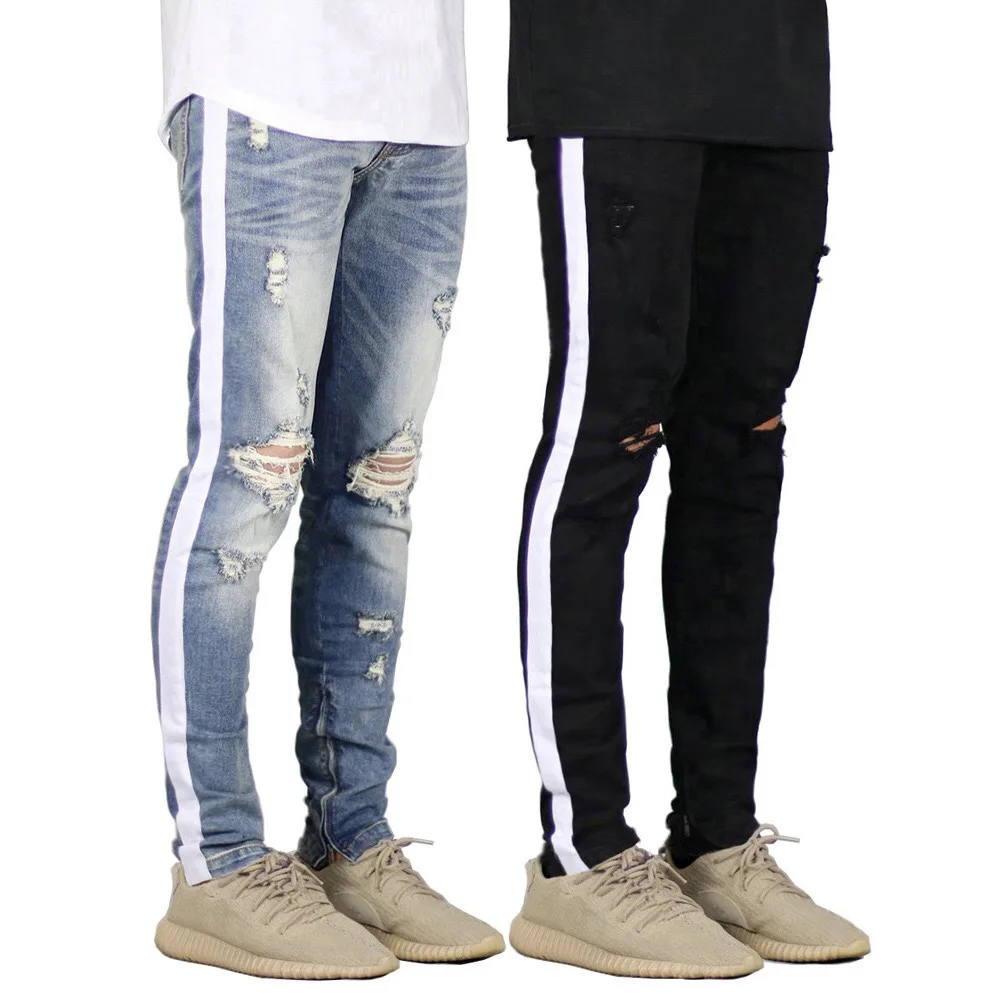 

Fashion Ripped Pants Side Striped Denim Jeans Men
