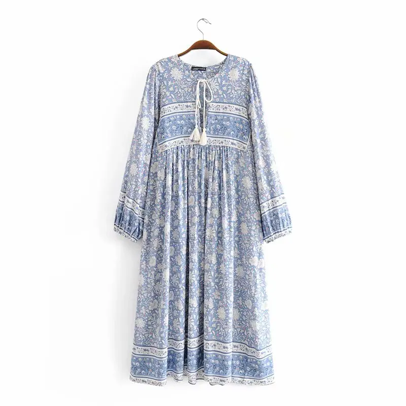 

China ceramic blue flower printed lace up summer bohemian long dress