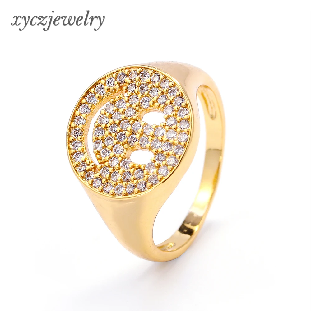 

Cute brass 18K gold White zircon round smile face ring china suppliers