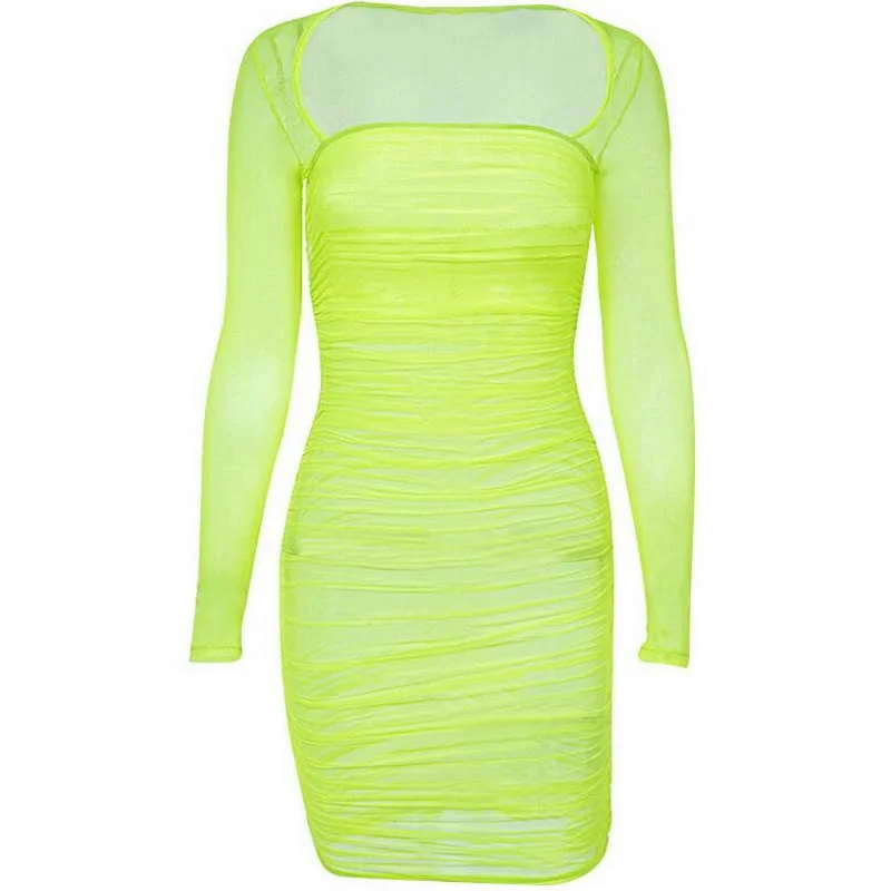 

Amazon New Design Custom Transparent Square Collar Pleat Mesh Cover Up Beachwear Sexy Dress Solid Color Long Sleeve, As picture