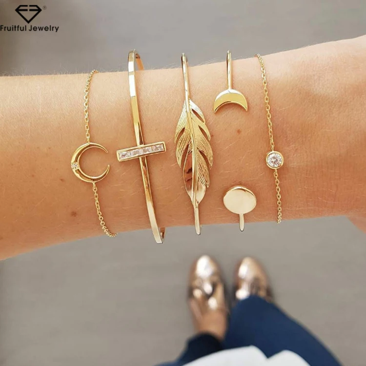 

Open Watch Bracelet Set 5Pcs/Set Gold Chain Moon Leaf Crystal Geometry Women Charm Cuff Beach Jewelry Drop Shipping Fashion P, Mixed color