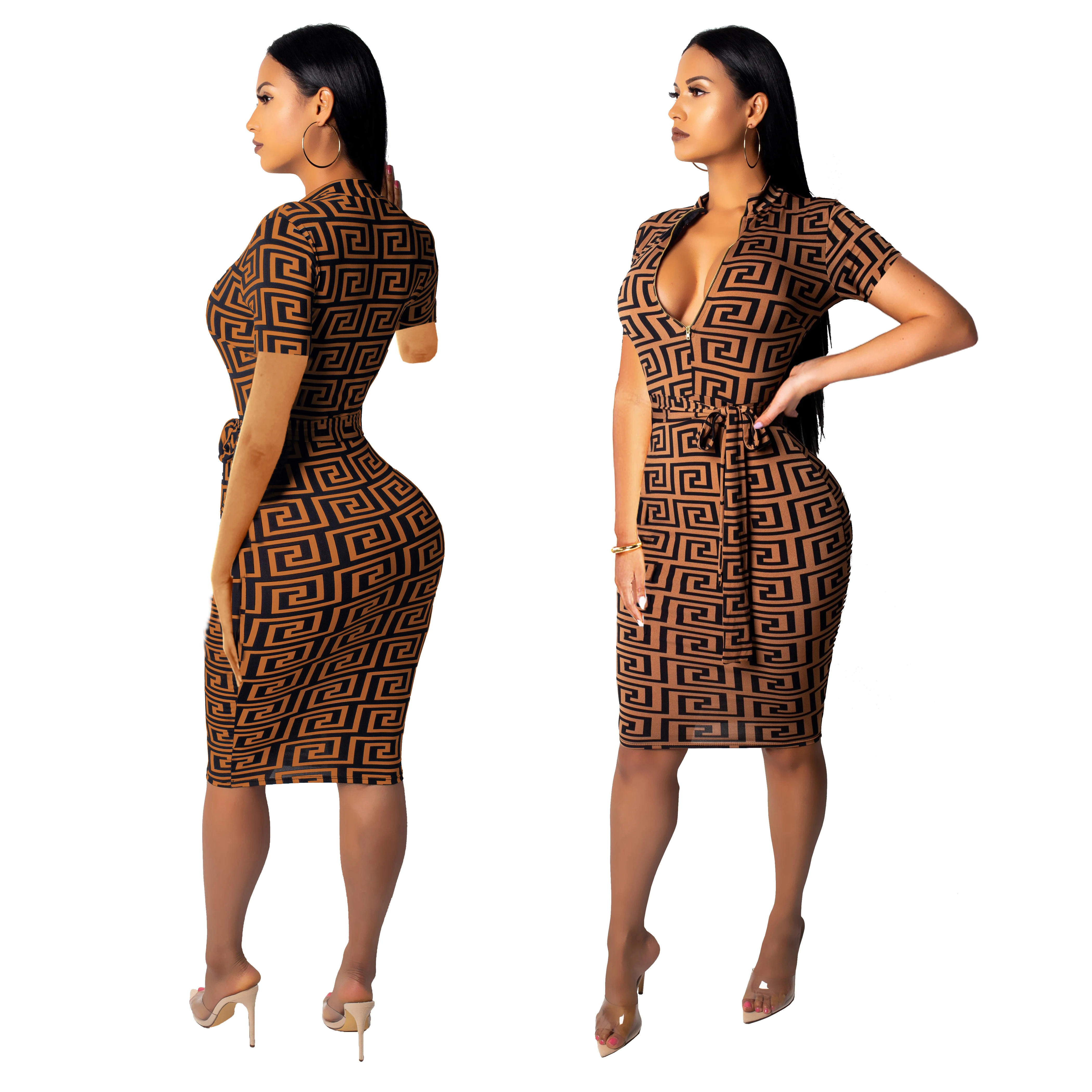 

9057-1 short sleeve zipper front dress waistband women summer midi dresses 2019, As shown