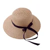 LOW MOQ Solid Color Hollow Straw Black Satin Ribbon And Bow Sunscreen Beach Straw Hat