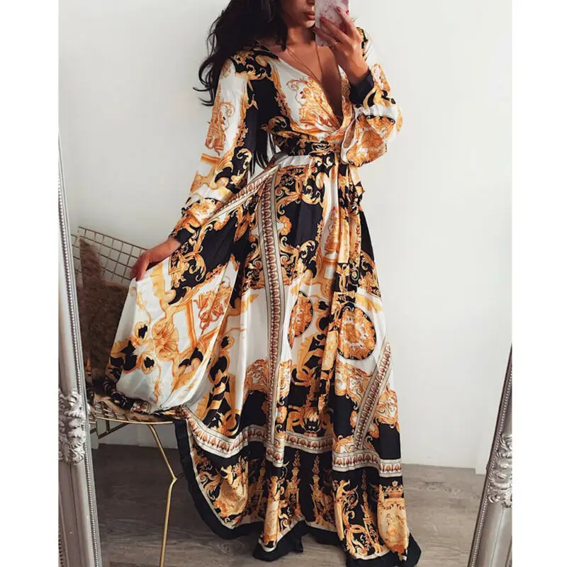 

Women Long Sleeve V Neck Floral Boho Vintage Maxi Holiday Beach Dress