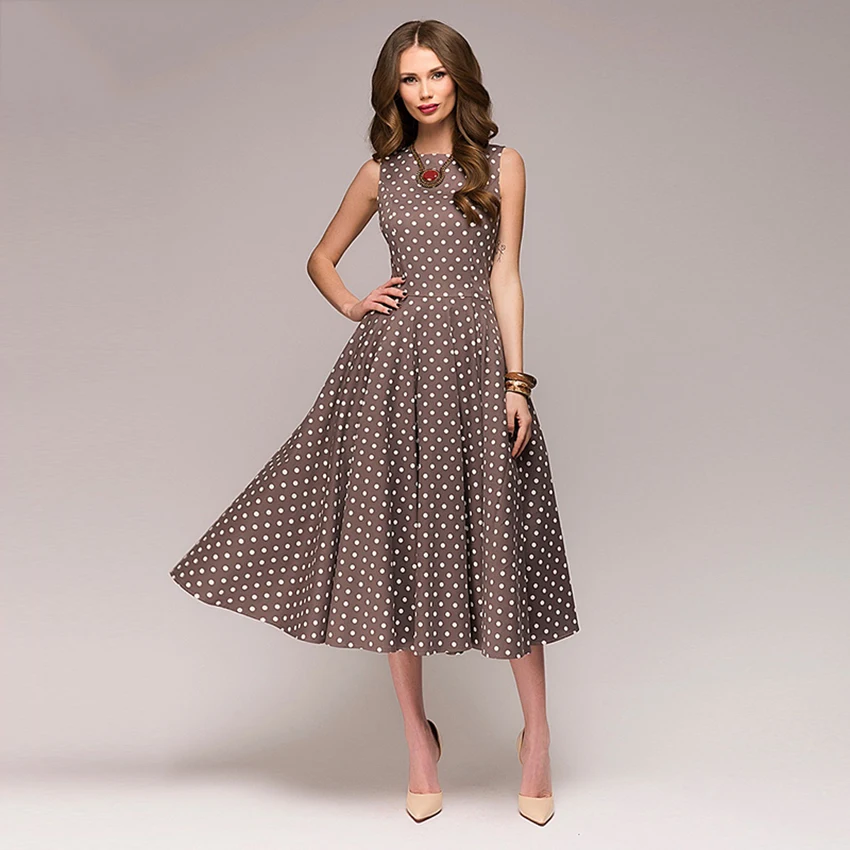 Vintage dress 2019 Summer New sleeveless O-neck vestidos Women elegant thin dot printing Mid-Calf casual dress Female