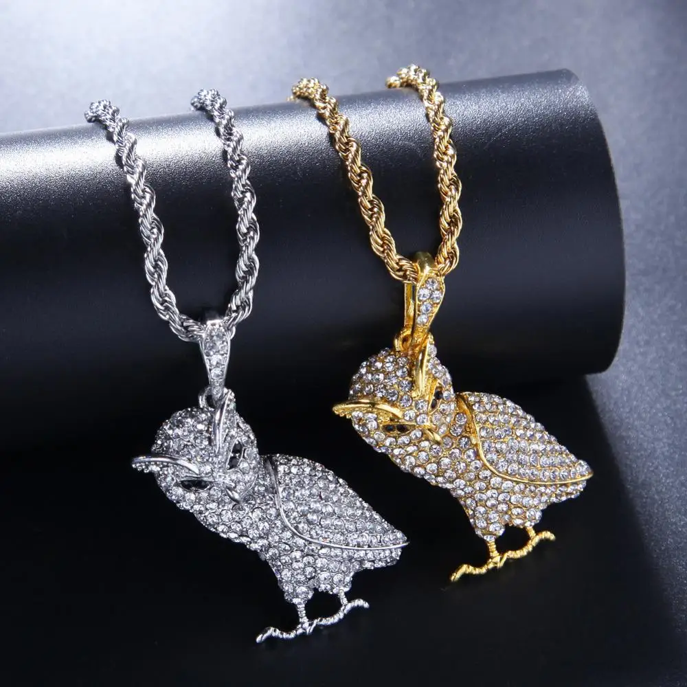 

Men and Women Rhinestones Owl Iced out Pendant Alloy Animal Necklace Accessories Jewelry, Gold/silver