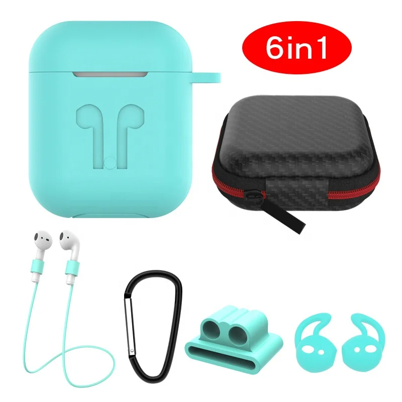 

Hot Selling 6 in 1 Silicone Skin Case Cover for Apple AirPods Earphone Accessories Set with Travel Storage Bag, Multi colors