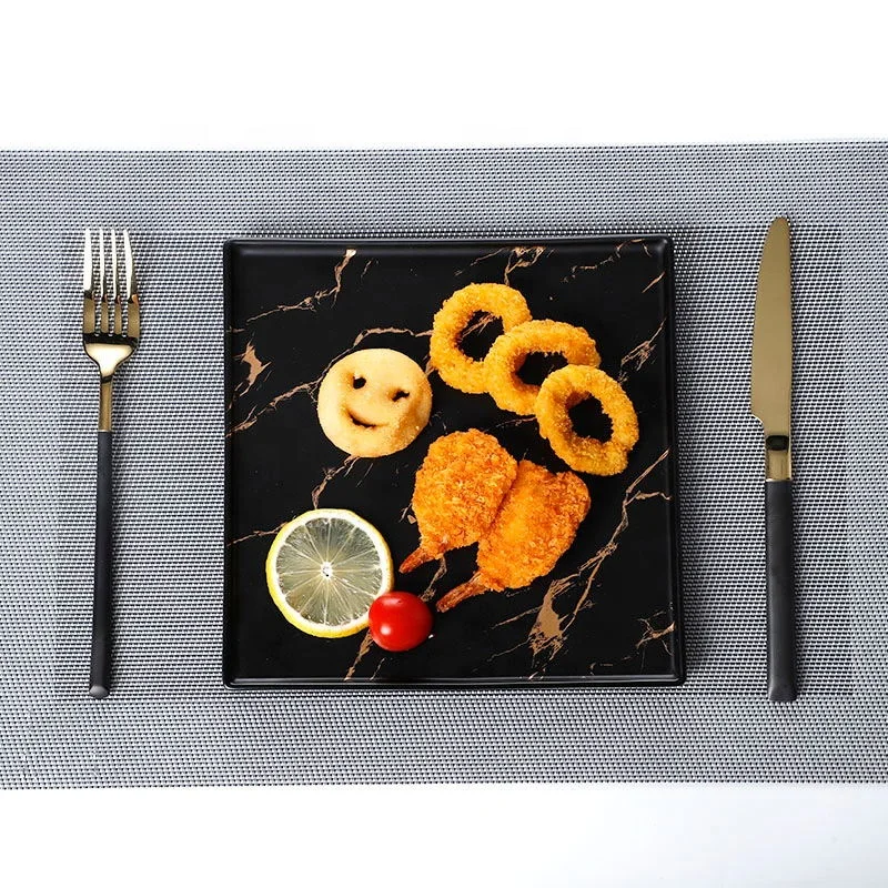 

High Quality Hotel Fine Black Marble Square Ceramic Party Dishes, Porcelain Dishes Cheap