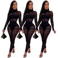 

PA6158 women sexy sheer see through black bodycon mesh jumpsuit