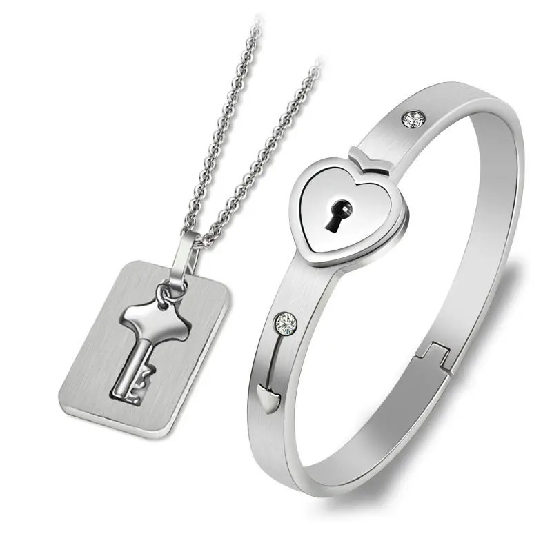 New A Set Stainless Steel Jewelry Heart Locks Key Couple Bracelet