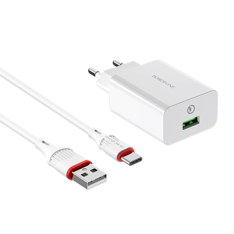 

Borofone BA21 18W Fast Charger Kit Quick Charger QC3.0 Wall Charger+USB Type C Cable for Mobile Phone EU/US Plug, White