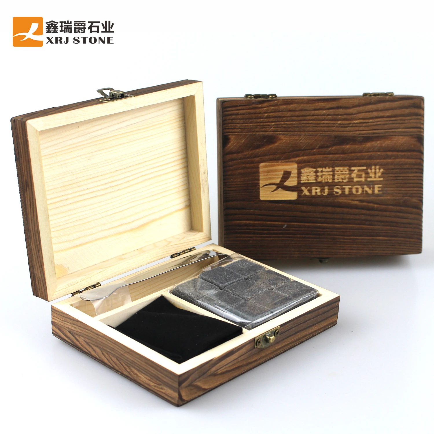 

Hot Sale Amazon Ice Cube whiskey stones Gift Wood Box, Light grey;dark grey and yellow