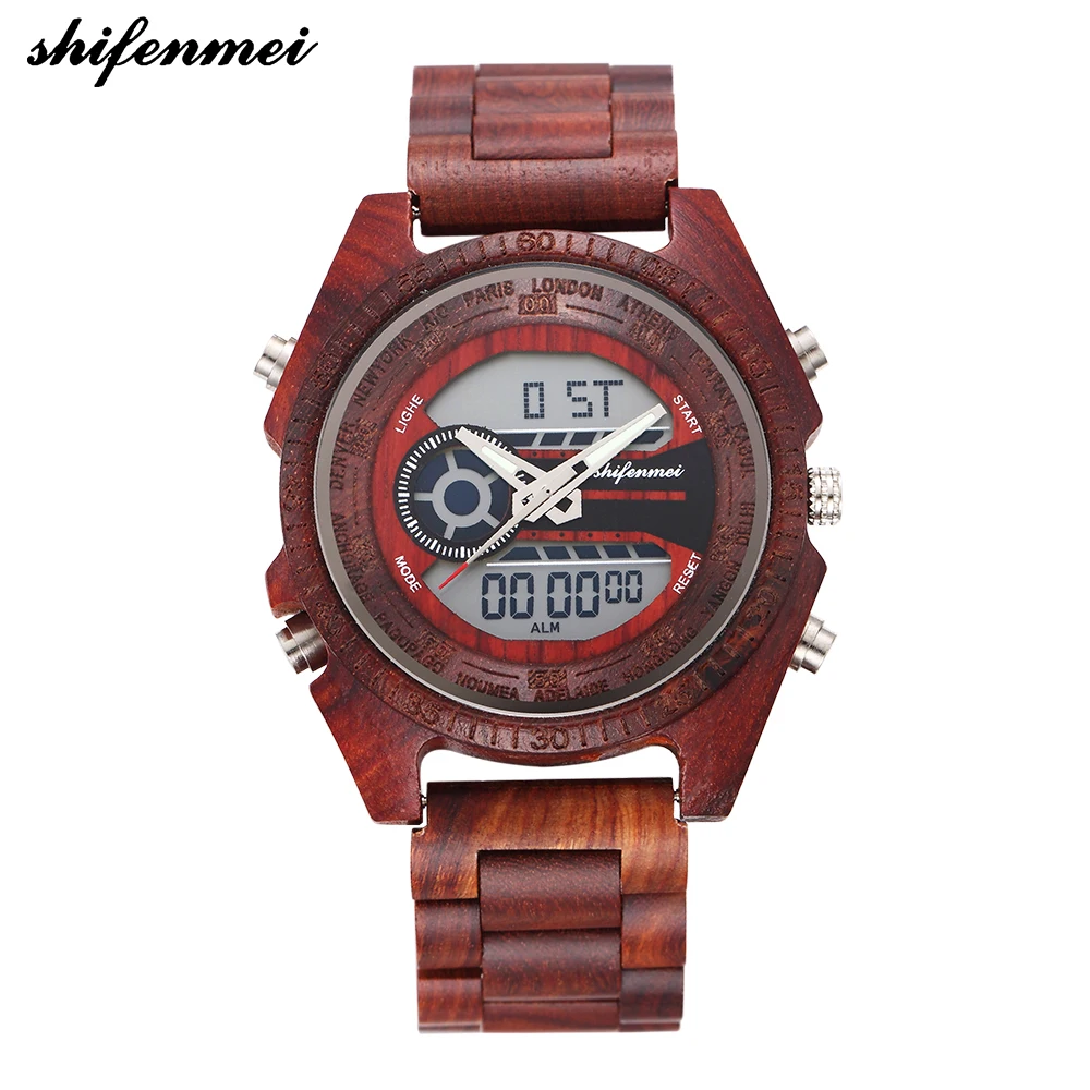 

Shifenmei leisure sports design unisex Japan quartz&digital movement watch made by wooden, Black sandal;red sandal;zebra