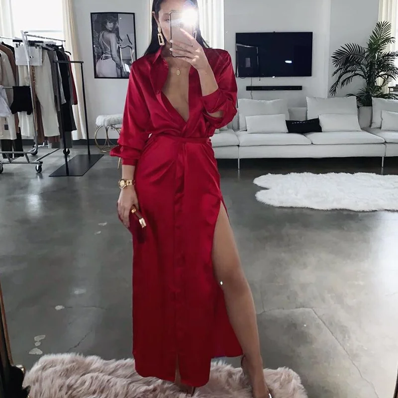 latest style women Long sleeve maxi party dress 2019 hot selling fashion satin dress for women