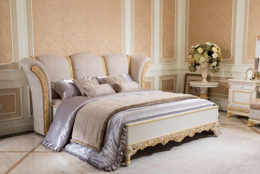 
0066 European white and gold bedroom set, delicate wood carved bed 