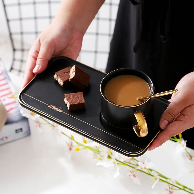 

European style rectangle stylish gold rim ceramic biscuit snack serving plate with coffee cup, Customized color