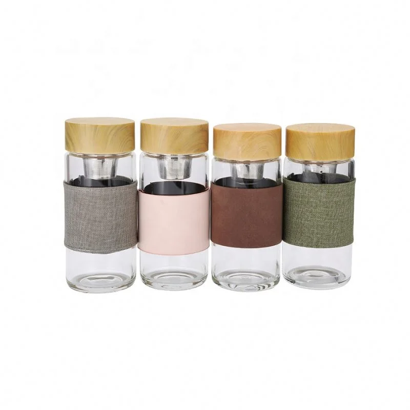 

T098 350ml Outdoor Anti-skid cover high borosilicate Glass water bottle Bamboo Lid Frosted Bottle, As picture