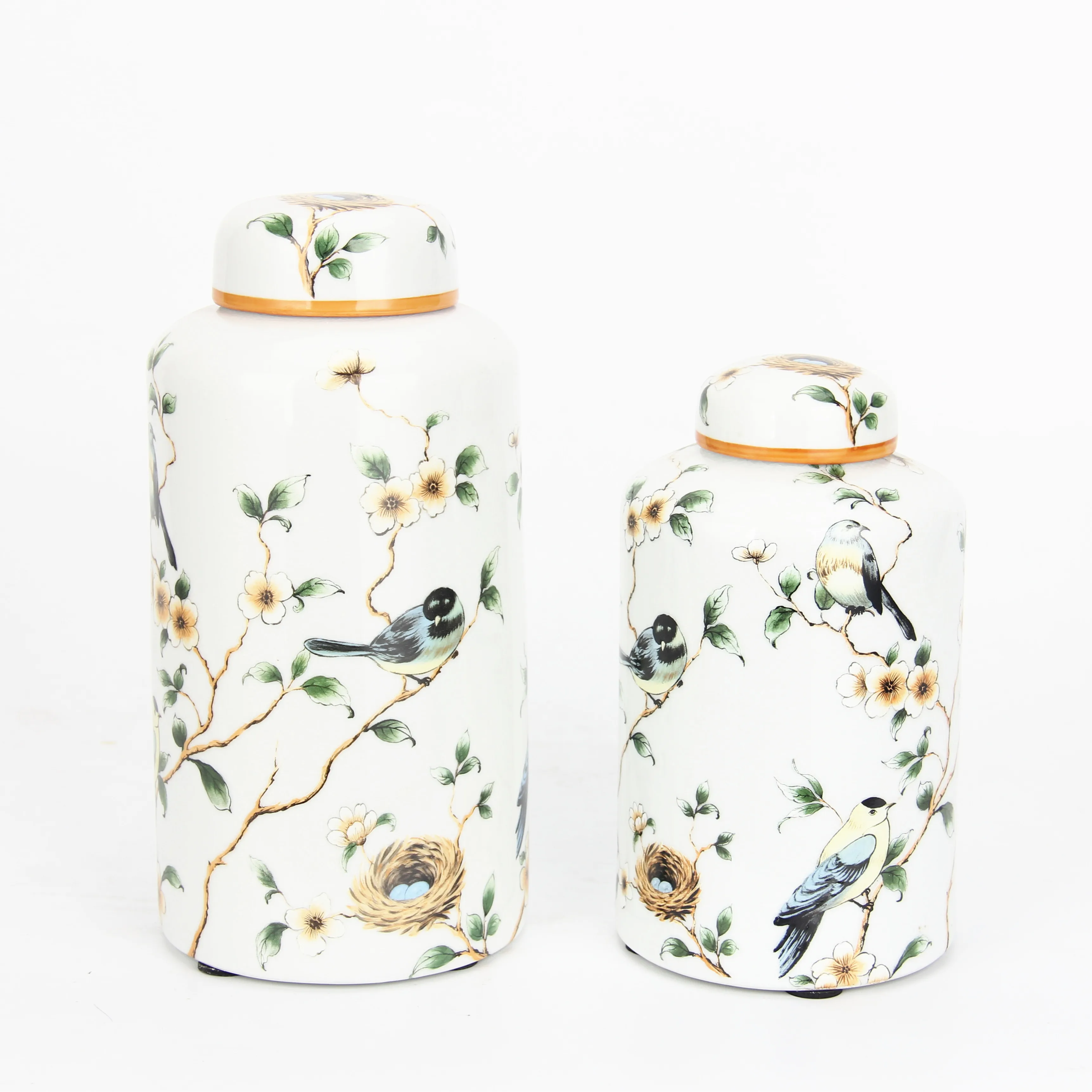 

Elegant white bird decorative tea canister set ceramic black tea canister kitchen art ceramic jars