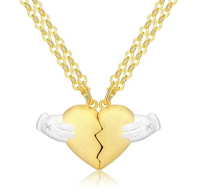 

2019 Latest Design Brass Palm Broken Heart Pendant Necklace for Couples, Gold