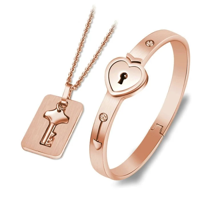 Fashion Stainless Steel Meaning Jewelry Couple Bangle Bracelet Love Lock And Key Necklace