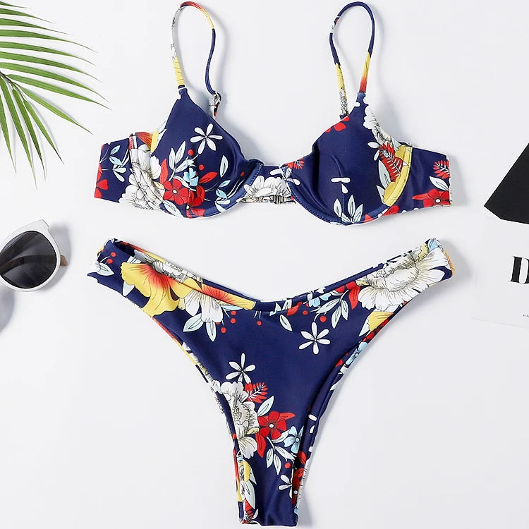 

Crazybuy Custom Flower Lace Up High Leg Bikini Set, Accept customized