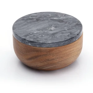 Image of Salt Keeper with Natural Acacia Wood Pepper Box of Marble Lid Big Capacity Sugar Container