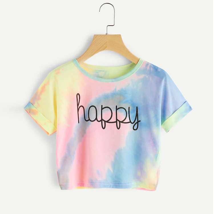 

Hot seller Cuffed Sleeve Crop Pastel Tie Dye Tee girls t shirt, Customized color