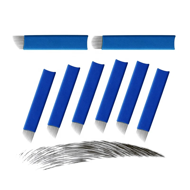 

D Wholesale Blue Flexible 0.2mm Slanted 18U 3D Eyebrow Microblading Blades Needles Disposable PMU Needles For Academy