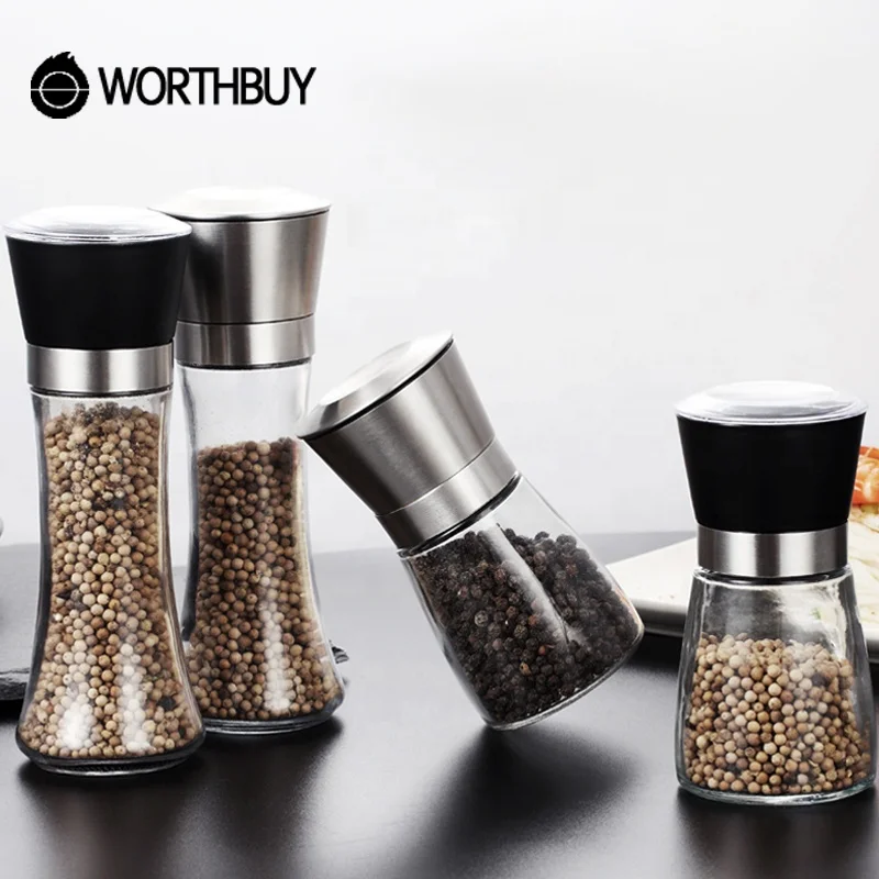 

Portable 304 Stainless Steel Salt And Pepper Shaker Glass Bottle Pepper Mill Salt Grinder Kitchen Accessaries For Picnic, Black;sliver