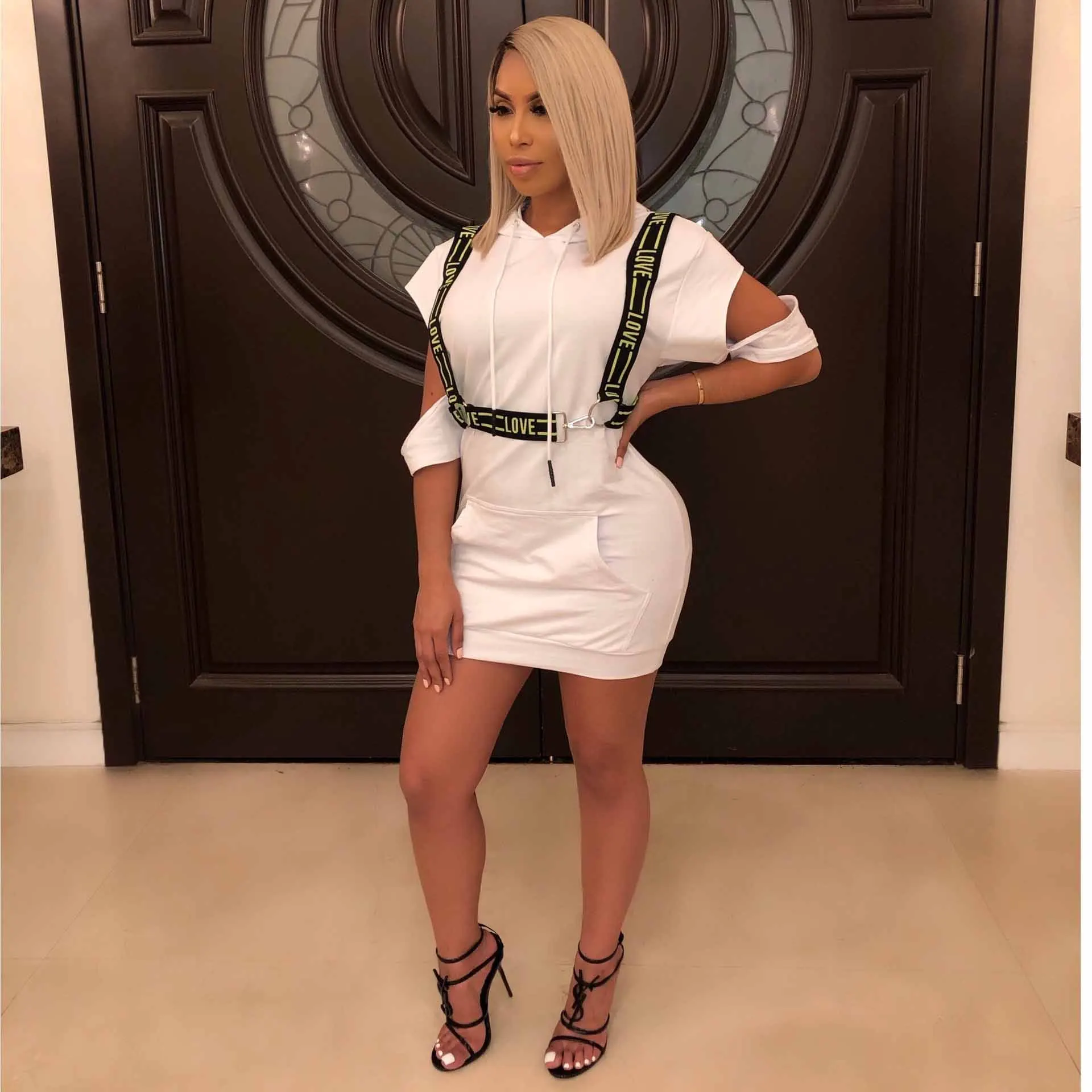 

Cracked Short Sleeve Women Hoodie Sweatshirt Mini Dresses, White