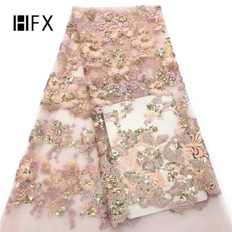 

HFX Luxury 2019 wholesale glitter sequins lace fabric french embroidered tulle lace for wedding evening dress free shipping, Peach