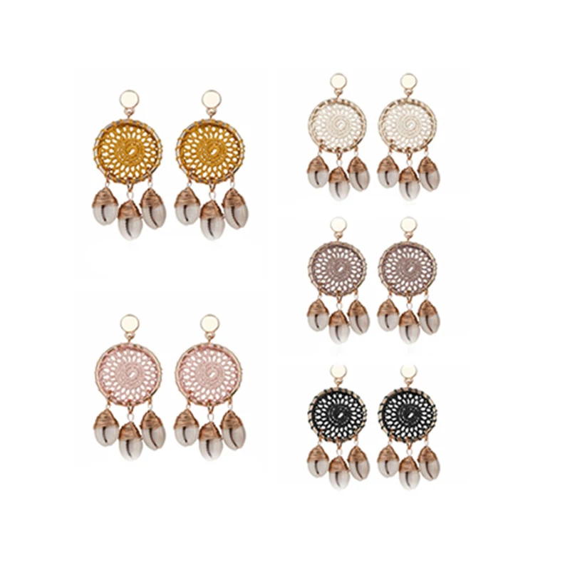 

Dubai rose gold plated zinc alloy earrings hand-knitted cottonline retro pattern ear jewelry shell pendant earrings for girls