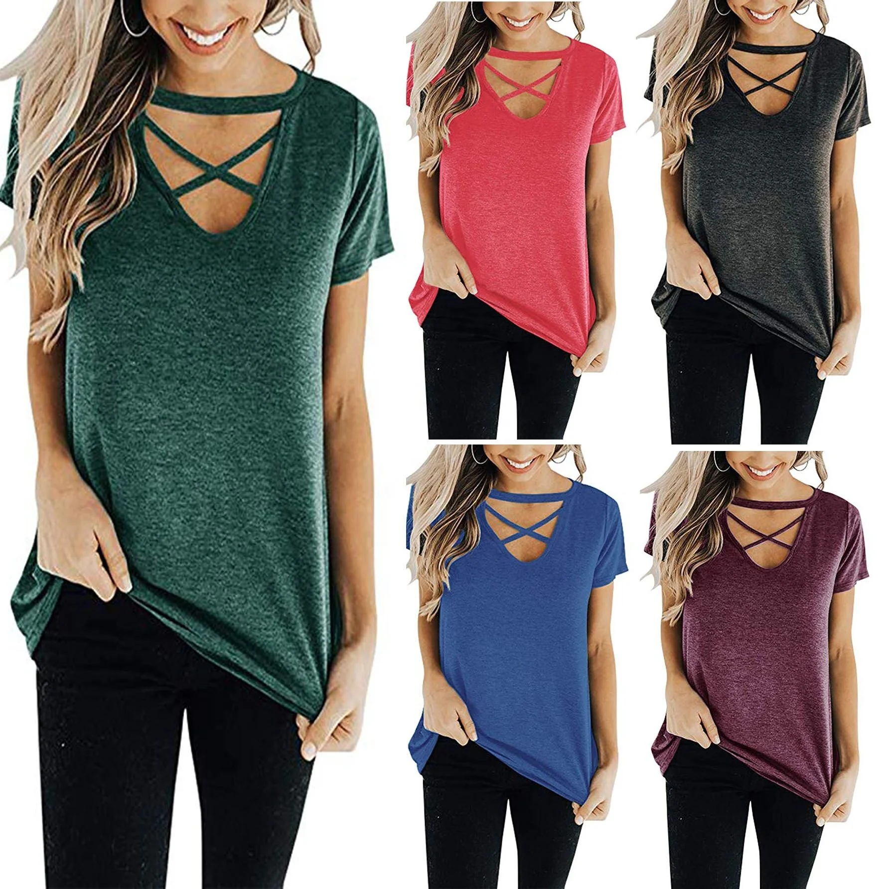 

F33 clothing women trendy women top ladies solid color criss-cross plus size blouse, N/a