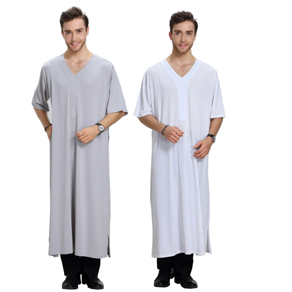 

A6171 V collar plain Jersey Islamic flax elastic simple thobe baptism gowns for adults, White;grey