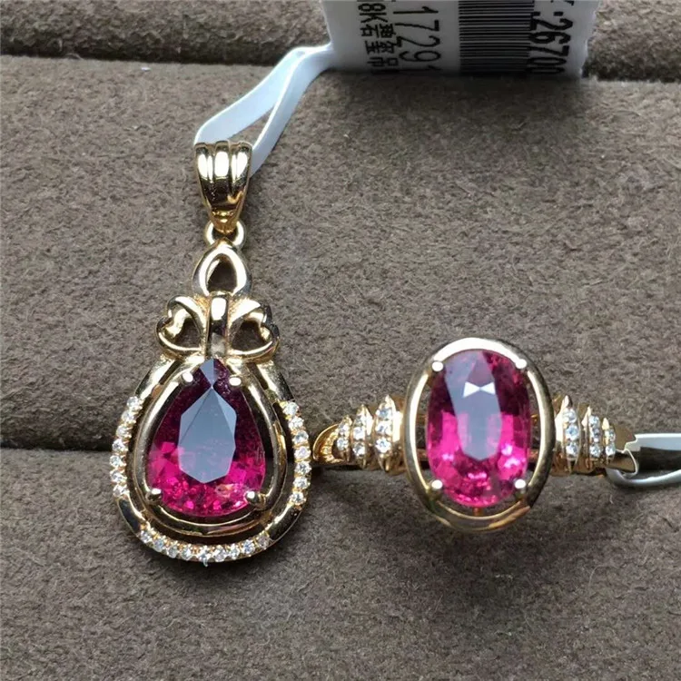 

18k gold South Africa real diamond natural red tourmaline necklace pendant ring fashionable jewelry set for women