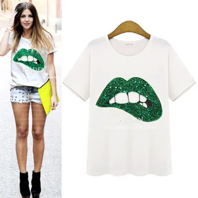 

China wholesale 2019 ladies round neck Tops punk street style lips sequins embroidery summer casual clothes T-shirt women