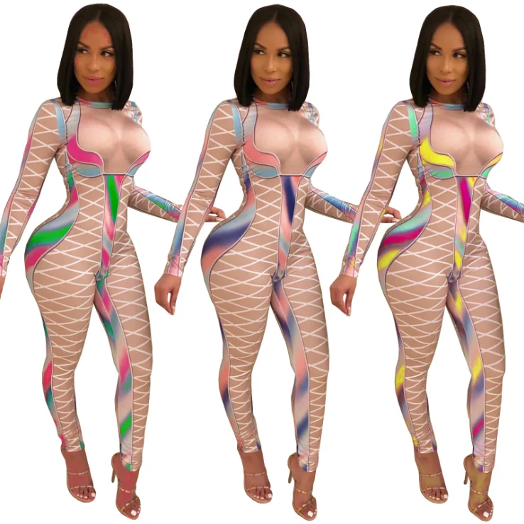 

AT4507 2019 European and American fashion multicolor printing slim casual pants women jumpsuit