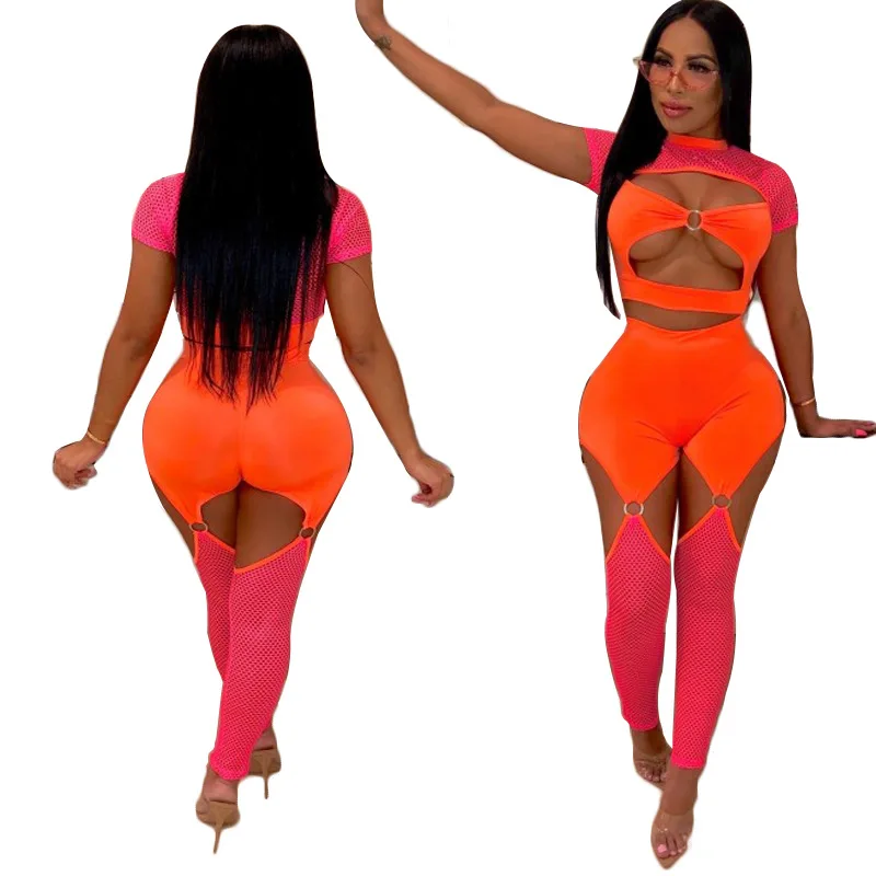 

2019 New Design Short Sleeve Mesh Crop Top Leggings Set Women