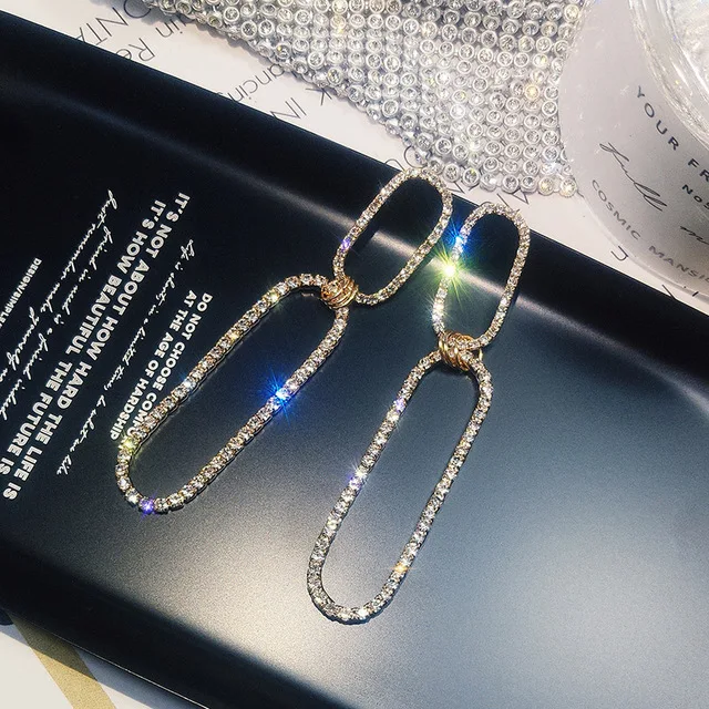 

Luxury Minimalist Gold Silver Rhinestone Drop Circle Earrings Long Geometric Double Oval Crystal Earrings