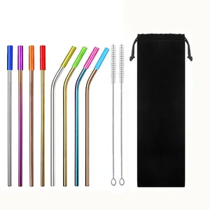 Image of Most popular Set of 8 stainless steel metal straws with silicone tips reusable straw set