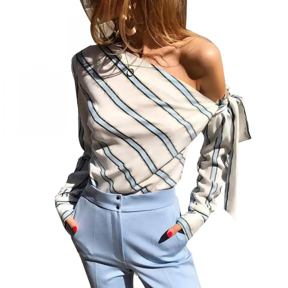 

fashion new spring design long sleeve printed striped women one shoulder shirt