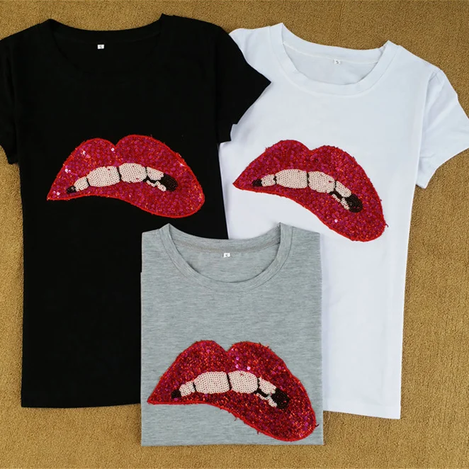 

Summer new women's European and American sequins red lips round neck short-sleeved T-shirt, 3 colors