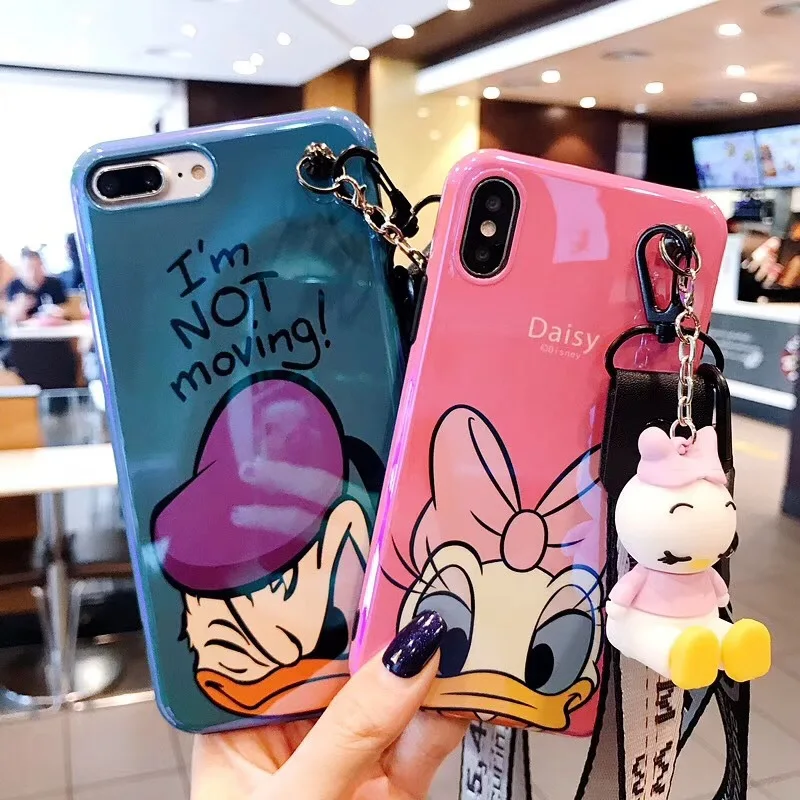 

Cartoon Bracket Doll Hand Strap Phone Case For iPhone X XS MAX XR 7 6 6s 8 Plus Donald Daisy Duck, Blue