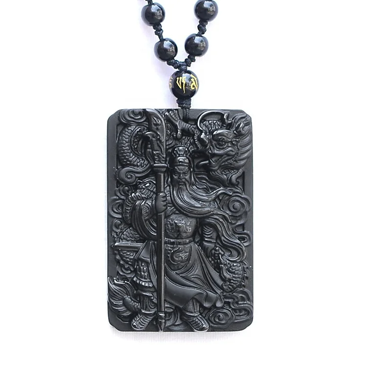 

Men Jewelry Natural Gemstone Cutting Dragon Guan Gong Guan Yu Hold Broadsword Knight Amulet Obsidian Pendant Necklace