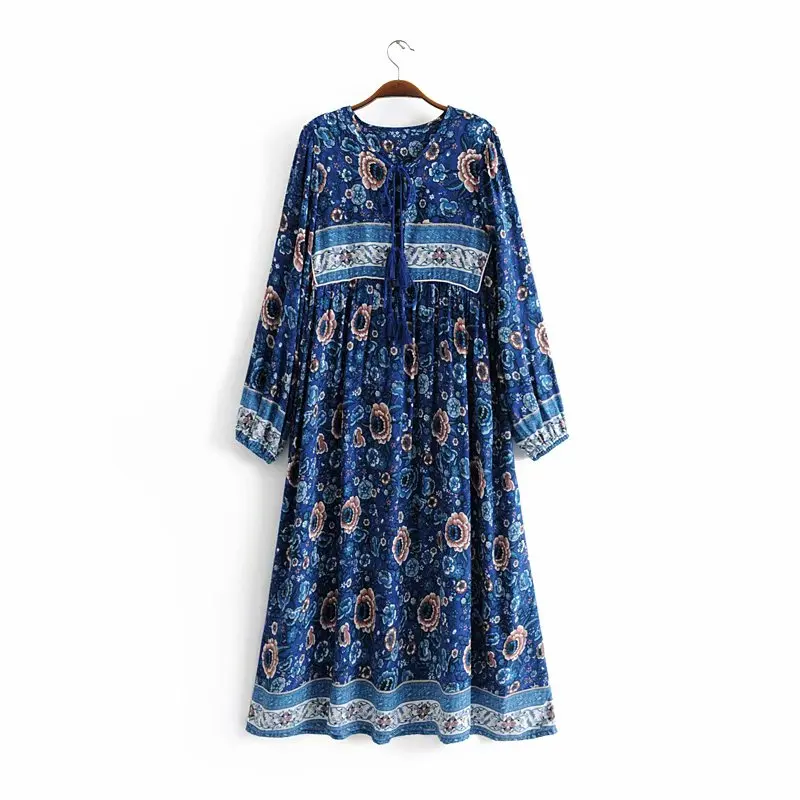 

Lace up o neck long sleeve flower printed women maxi summer bohemian dresses