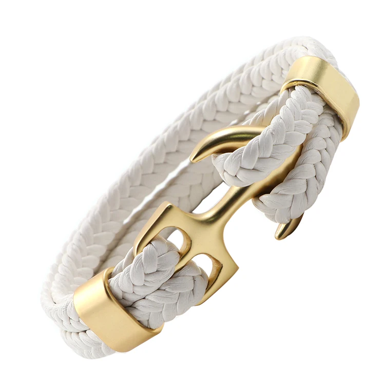 

Wholesale Mens Bracelets New Design Custom Gold Anchor White Braided Leather Bracelet For Men Luxury Gift, 11 colors