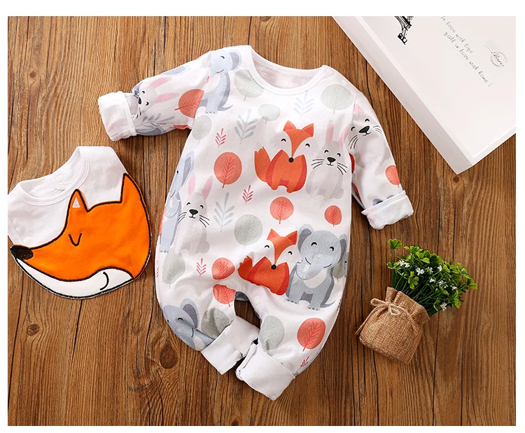 

Wholesale Cute Style Newborn Baby Cotton Romper+Foxy Bib Infant Long Sleeves Autumn Onesie Baby Romper, Piture shows