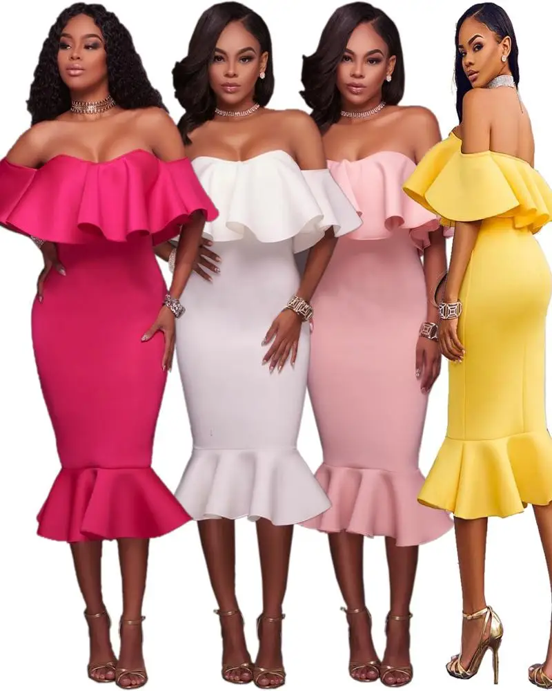 Wholesale ladies simple fashion sexy plain white off shoulder bodycon midi dress flouncing ruffles evening dress women wear