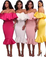 

Wholesale ladies simple fashion sexy plain white off shoulder bodycon midi dress flouncing ruffles evening dress women wear